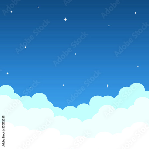 Airplane flying above clouds. Jet plane with exhaust white trail. White and transparent clouds. pi?ture of a civilian plane flying in the night above the clouds, flat style illustration vector
