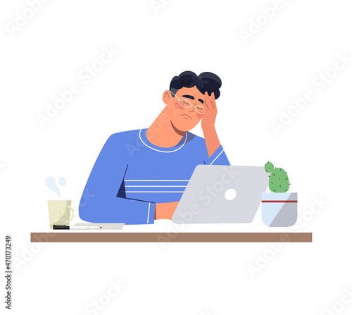 Emotions on face concept. Tired, sad male employee with burnout from work. Depression. Entrepreneur with mental problems. Young man sitting at table with laptop. Cartoon flat vector illustration