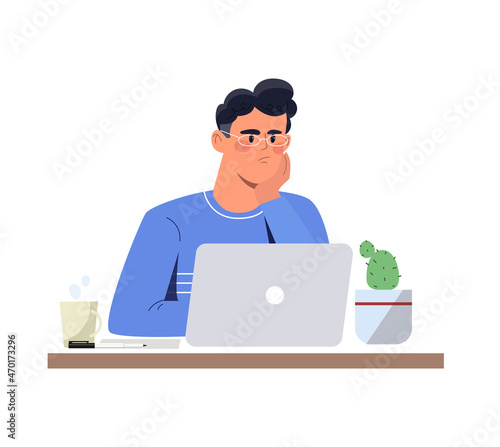 Emotions on face concept. Male employee thought about difficult task. Confused entrepreneur looking for solution to problem. Young man sitting at table with laptop. Cartoon flat vector illustration