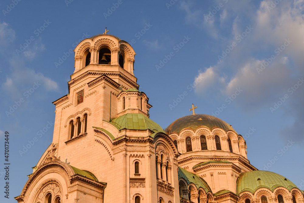 Alexander Nevsky cathedral Sofia, Bulgaria. Bulgarian Orthodox cathedral in the capital of Bulgaria. Built in Neo-Byzantine style. Photo taken in a sunset light