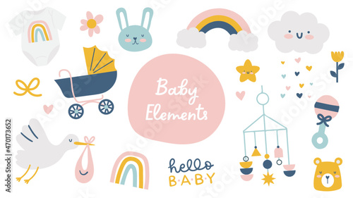 Hand Drawn Gender Neutral Vector Baby Shower Elements