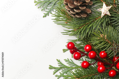 Christmas tree branches  conifer cones and red berries top view with copy space on white background. Christmas  winter holiday  new year concept.