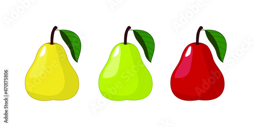 Three pears on a white background. Colorful pear fruit icon isolated on white background. Cartoon flat design. Vector illustration.