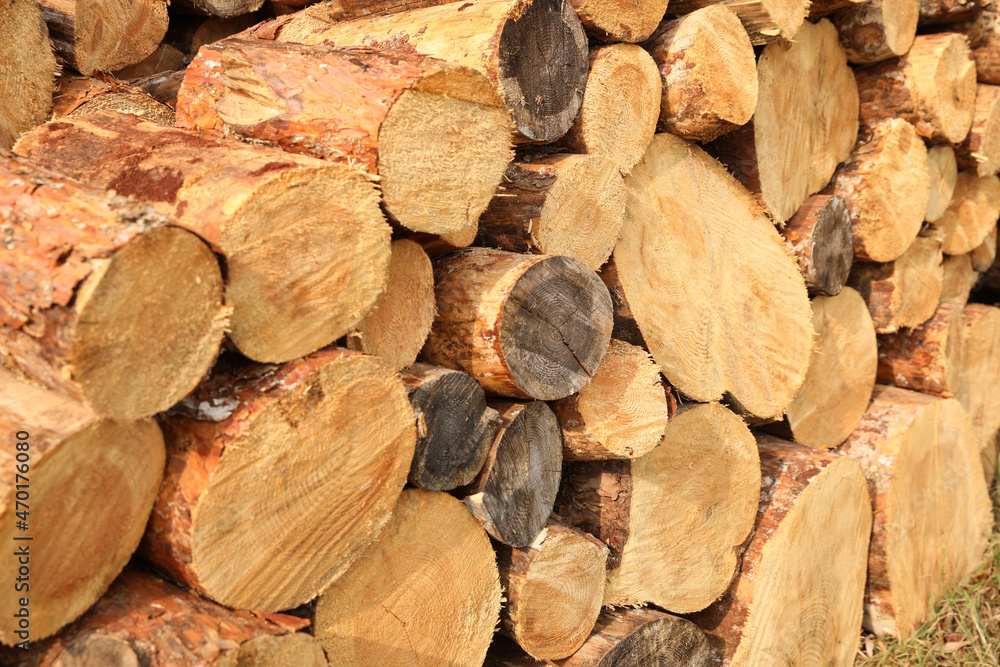 Stacked firewood outdoors, closeup. Heating in winter Stacked firewood outdoors, closeup. Heating in winter