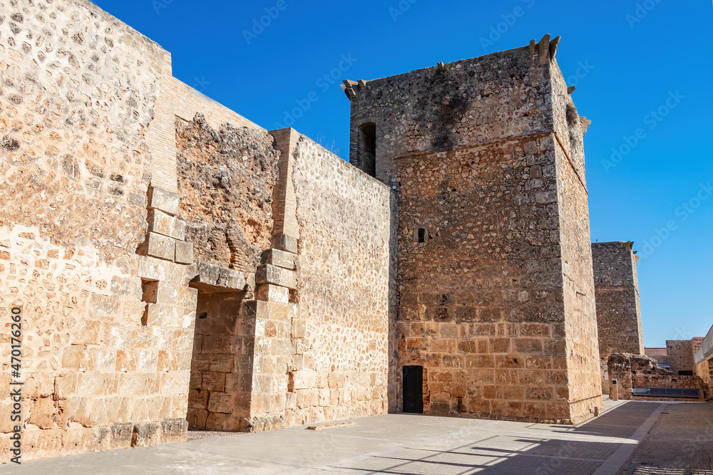 View of defensive walls of Niebla castle, in Huelva, Andalucia, Spain