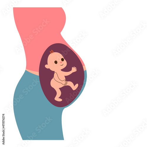 Profile of a pregnant woman inside which the baby is visible. X-ray of a pregnant belly. Cartoon character. Maternity hospital medical logo. Vaccination of a pregnant woman from covid.