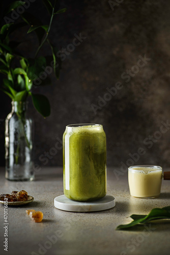 matcha in a glass with milk photo