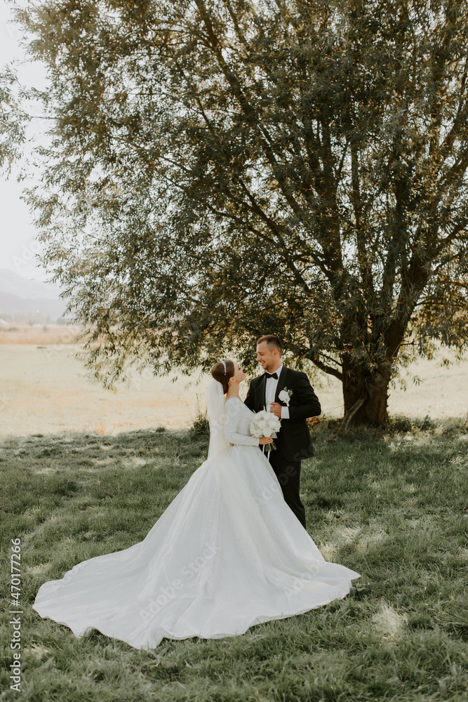 The bride in a beautiful white dress and the groom in a black suit stand in front of a tree