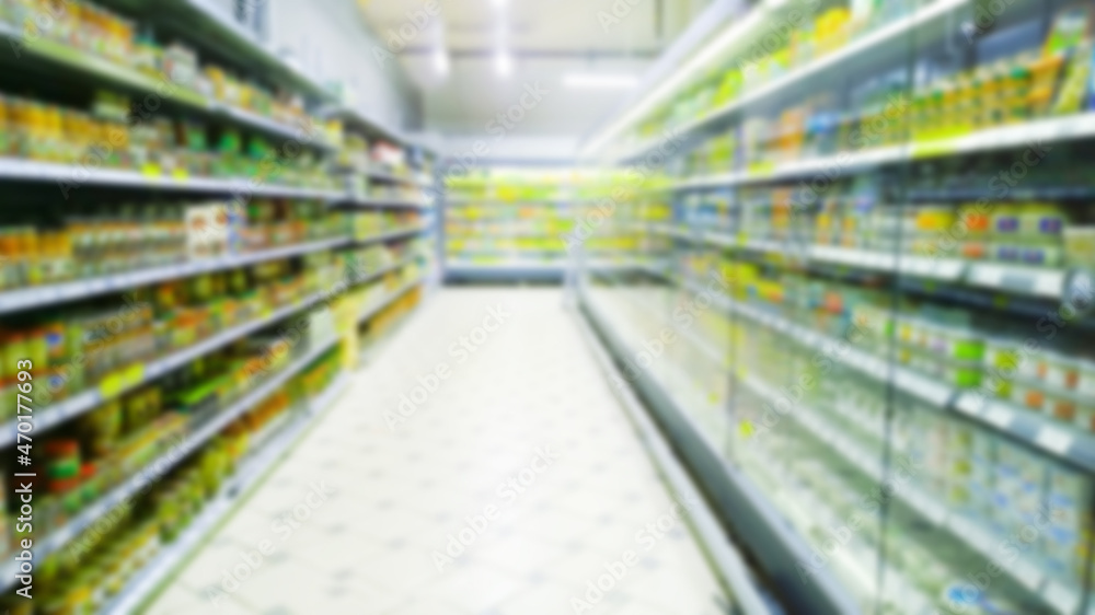 Abstract blur image of supermarket background. Defocused shelves with food. Dairy products. Grocery shopping. Store. Retail industry. Rack. Discount price. Inflation and economic crisis concept. Aisle