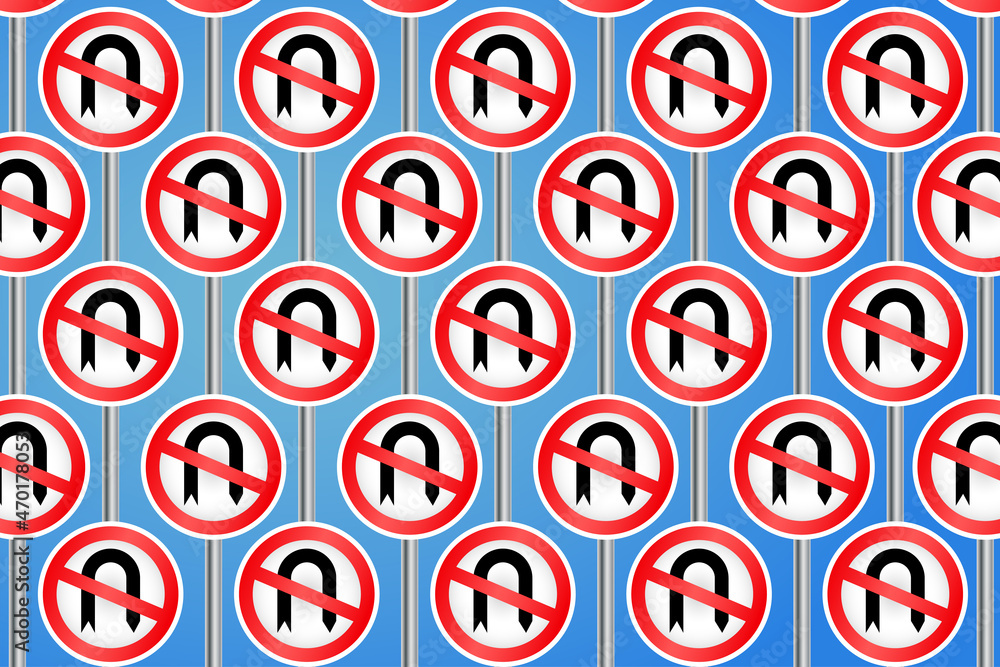 Road signages in seamless pattern. U-turn or no U-turn road signage for vehicles and transporation on highway Road signages in seamless pattern. U-turn or no U-turn road signage for vehicles and transporation on highway