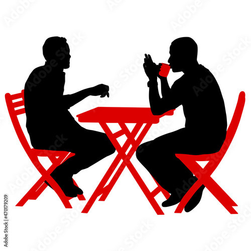 Silhouette two men are sitting in a cafe on a white background