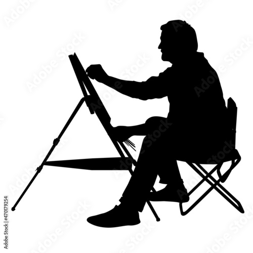 Silhouette, artist at work on a white background