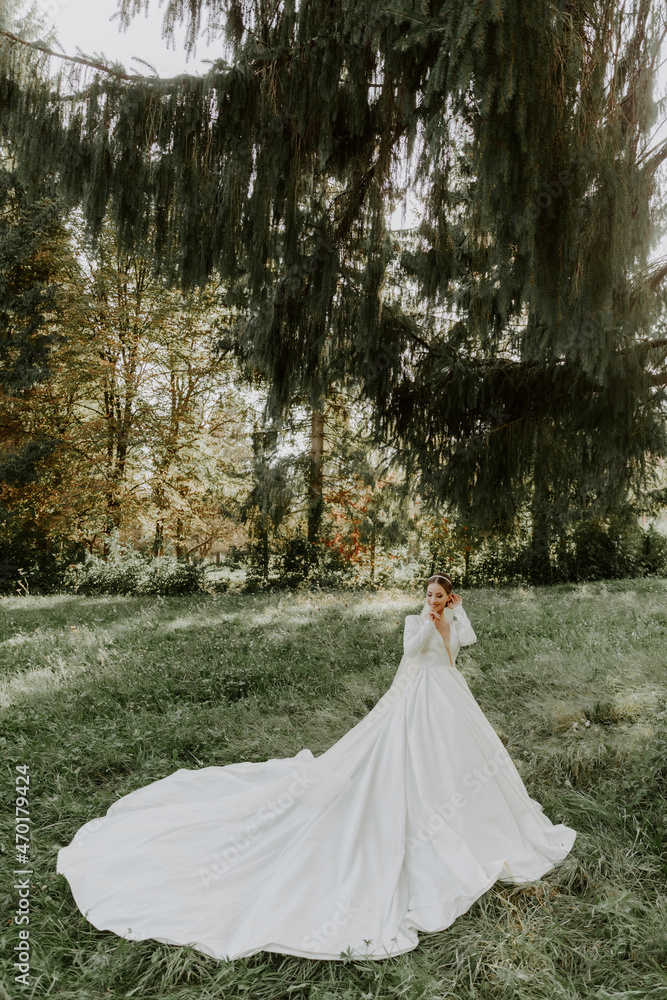Wonderful bride in a white dress stands on a background of a large tree. 
