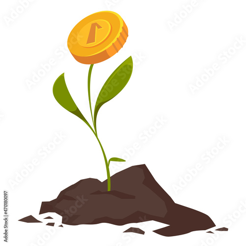 The land from which the plant grows with a golden coin. The concept of accumulation and investment of finances, the rise of income. Vector illustration in cartoon style.
