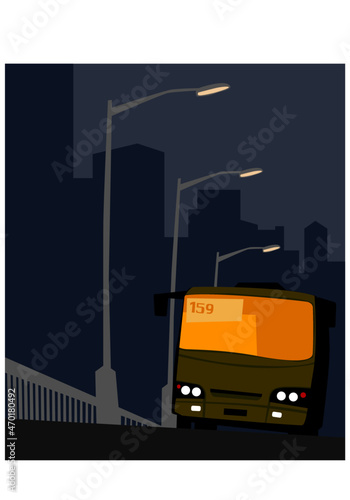 Night city. Late bus on the night road. Vector image for prints, poster and illustrations.