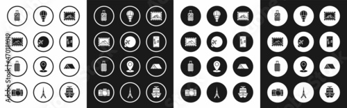 Set Postal stamp and Egypt pyramids, Globe with flying plane, Mountains, Suitcase for travel stickers, Infographic of city map navigation, Hot air balloon, Tourist tent and icon. Vector