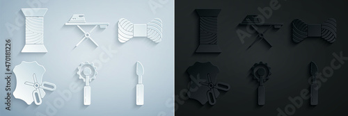 Set Cutter tool, Sewing thread on spool, Scissors and leather, Electric iron ironing board and icon. Vector