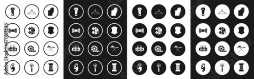 Set Sewing Pattern, Electric iron, thread spool, Zipper, Leather, Hanger wardrobe, and ironing board and Needle for sewing icon. Vector