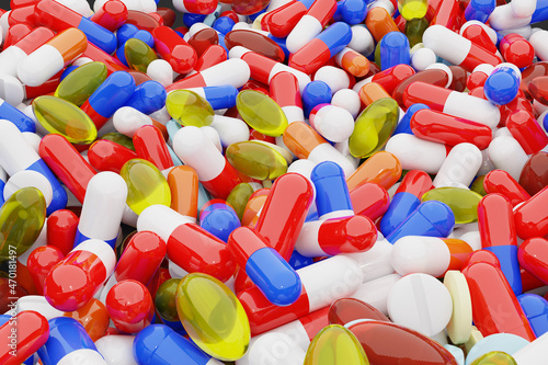 Fotografi Many medical pills and tablets, realistic 3d Rendering, large amount of medicine