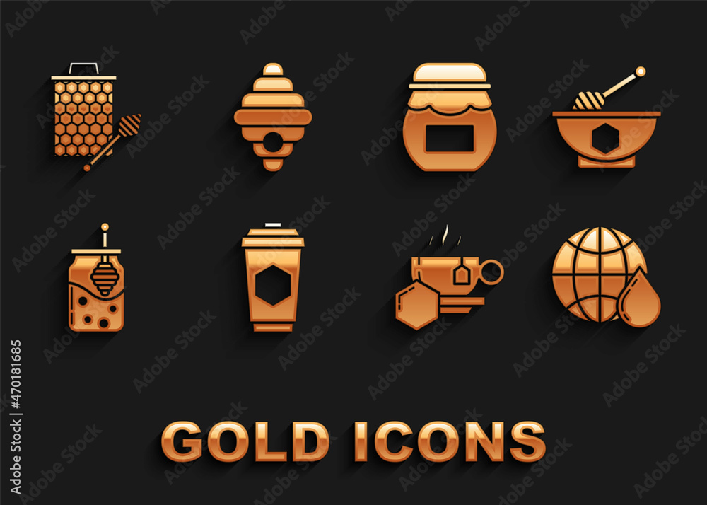 Set Cup of tea with honey, Honey dipper stick and bowl, Honeycomb map the world, Jar, stickicon and Hive for bees icon. Vector Set Cup of tea with honey, Honey dipper stick and bowl, Honeycomb map the world, Jar, stickicon and Hive for bees icon. Vector