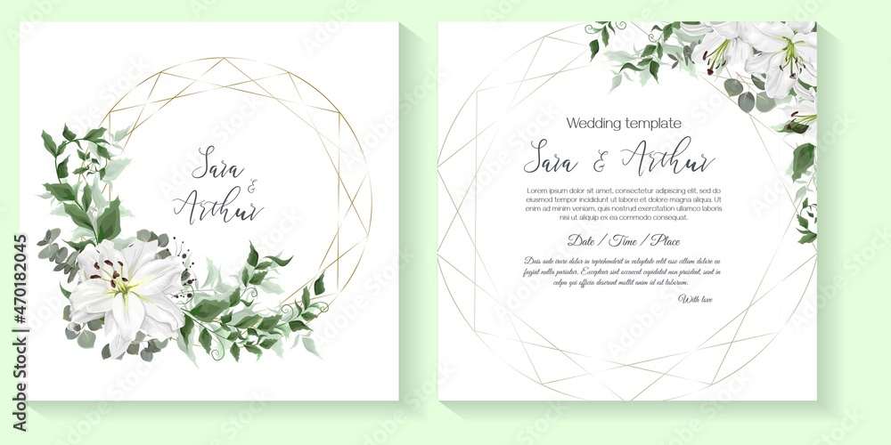 Vector floral template for wedding invitation. White royal lilies, eucalyptus, green plants and leaves.