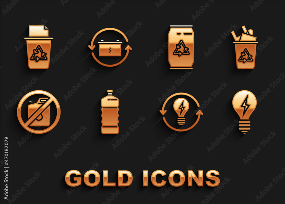 Set Plastic bottle, Recycle bin with recycle symbol, Light bulb lightning, and, No canister for gasoline, Can, and Battery icon. Vector Set Plastic bottle, Recycle bin with recycle symbol, Light bulb lightning, and, No canister for gasoline, Can, and Battery icon. Vector