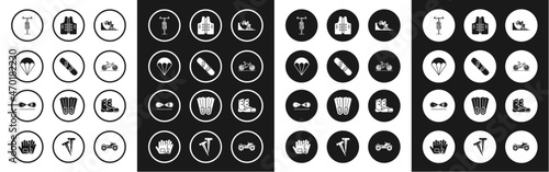 Set Bicycle on street ramp, Snowboard, Parachute, Life jacket, Boots and Skateboard trick icon. Vector
