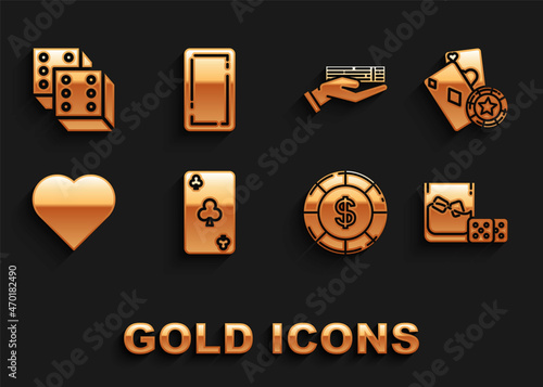 Set Playing card with clubs symbol, Casino chip and playing cards, Game dice glass of whiskey ice cubes, dollar, heart, Hand holding deck, and back icon. Vector