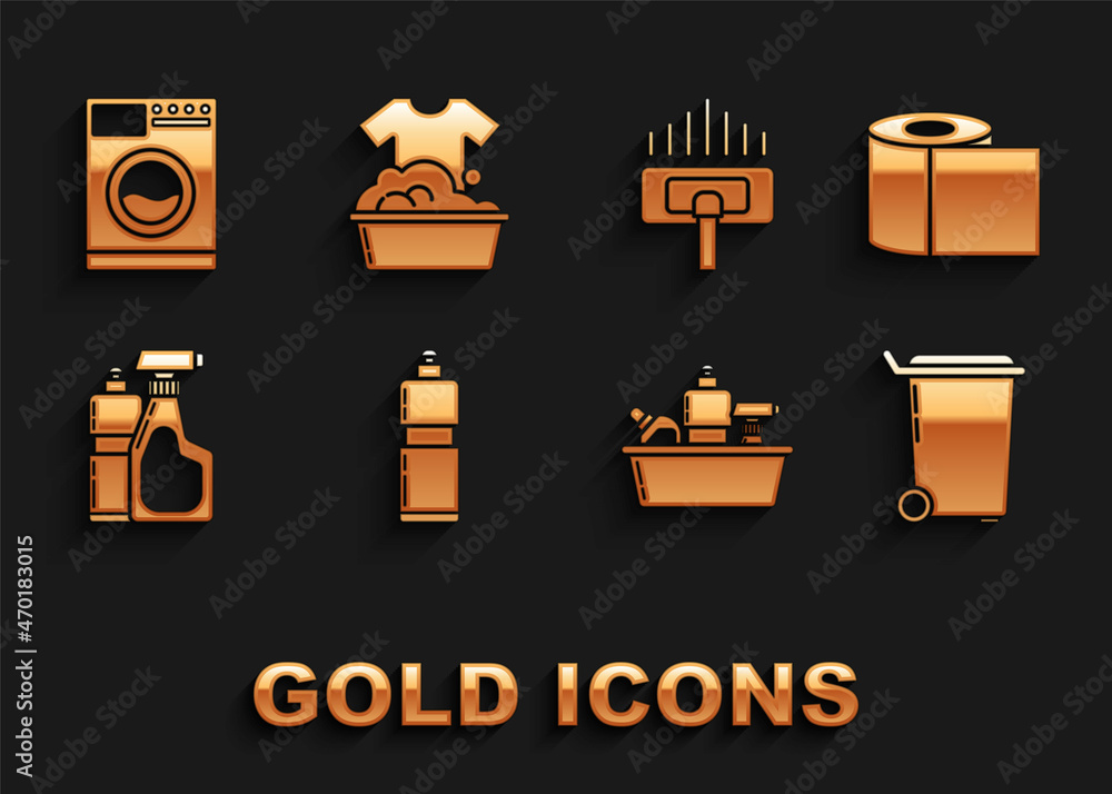 Set Plastic bottles for liquid dishwashing liquid, Toilet paper roll, Trash can, Vacuum cleaner, Washer and basin with soap suds icon. Vector Set Plastic bottles for liquid dishwashing liquid, Toilet paper roll, Trash can, Vacuum cleaner, Washer and basin with soap suds icon. Vector
