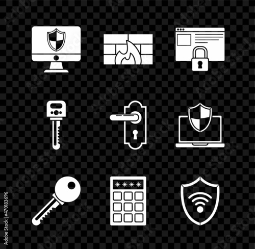 Set Computer monitor and shield, Firewall, security wall, Secure your site with HTTPS, SSL, Key, Password protection safety access, Shield WiFi wireless internet network, and Door handle icon. Vector