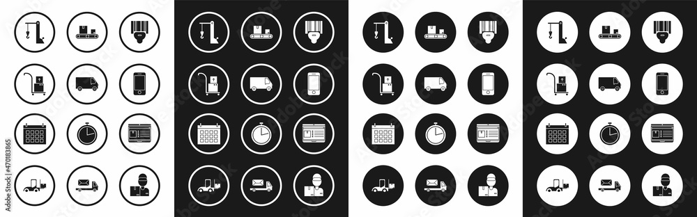 Set Scanner scanning bar code, Delivery cargo truck vehicle, Hand and boxes, Harbor port crane, Mobile phone with app delivery tracking, Conveyor belt cardboard, Laptop and Calendar icon. Vector Set Scanner scanning bar code, Delivery cargo truck vehicle, Hand and boxes, Harbor port crane, Mobile phone with app delivery tracking, Conveyor belt cardboard, Laptop and Calendar icon. Vector