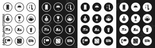 Set Harbor port crane, Fragile broken glass symbol, , Mobile phone with app delivery tracking, Support operator touch, Umbrella and rain drops, Coffee cup and Post truck icon. Vector