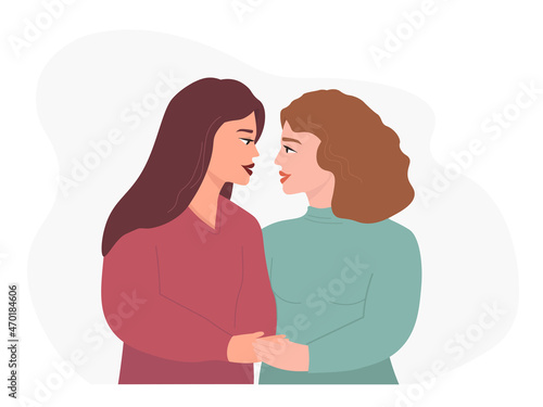 Happy women look at each other with love. A lesbian couple hugging. The concept of tolerance, equality of homosexual relations. Vector graphics.