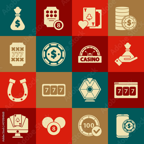 Set Online poker table game, slot machine with lucky sevens jackpot, Hand holding money bag, Playing card clubs symbol, Casino chip dollar, Slot, Money and signboard icon. Vector