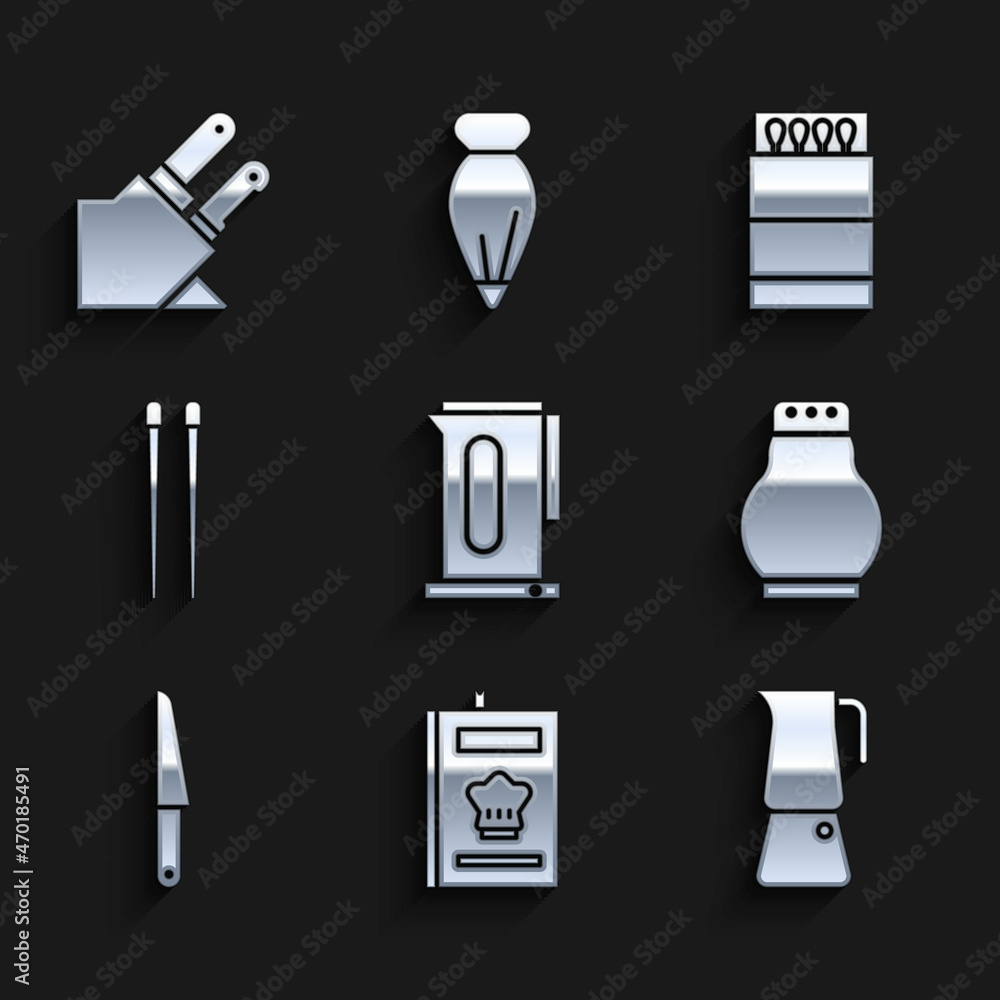 Set Kettle with handle, Cookbook, Moka pot, Salt pepper, Knife, Food chopsticks, Open matchbox matches and icon. Vector Set Kettle with handle, Cookbook, Moka pot, Salt pepper, Knife, Food chopsticks, Open matchbox matches and icon. Vector