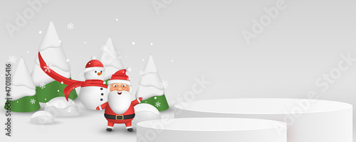 Christmas scene for display your product. Emotional cartoon santa and snowman on the background of decorative fir tree with falling snowflakes. 3d vector podium platform