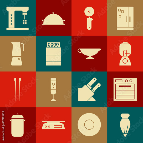Set Pastry bag for decorate cakes, Oven, Blender, Pizza knife, Open matchbox and matches, Moka pot, Electric mixer and Sauce boat icon. Vector