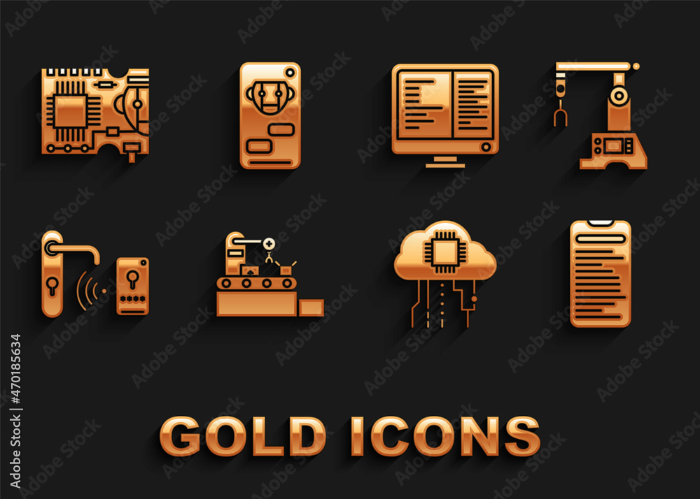 Set Factory conveyor system belt, Computer api interface, Internet of things, Digital door lock with wireless technology for unlock, monitor screen, Printed circuit board PCB and Bot icon. Vector Set Factory conveyor system belt, Computer api interface, Internet of things, Digital door lock with wireless technology for unlock, monitor screen, Printed circuit board PCB and Bot icon. Vector