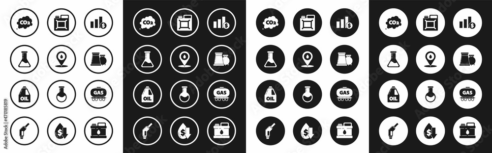Set Pie chart infographic and dollar, Test tube flask, CO2 emissions cloud, Oil gas industrial factory building, Canister for gasoline, Gas railway cistern and motor machine oil icon. Vector Set Pie chart infographic and dollar, Test tube flask, CO2 emissions cloud, Oil gas industrial factory building, Canister for gasoline, Gas railway cistern and motor machine oil icon. Vector