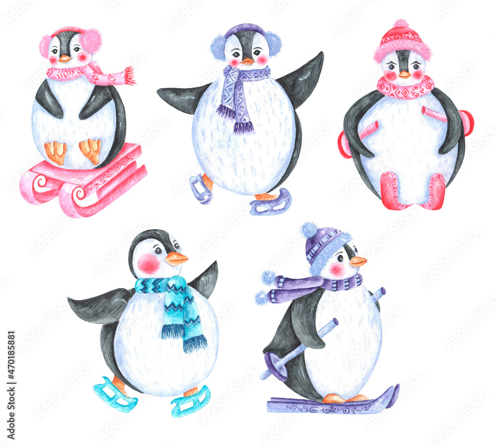 Fototapeta premium Penguins watercolor set of illustrations. Sports penguins. Winter sports. Skis, skates, sleds. Penguin in a hat and scarf. Bright colours. Illustrations are isolated. Winter, Christmas, New Year's. 