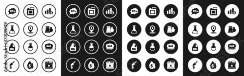 Set Pie chart infographic and dollar, Test tube flask, CO2 emissions cloud, Oil gas industrial factory building, Canister for gasoline, Gas railway cistern and motor machine oil icon. Vector