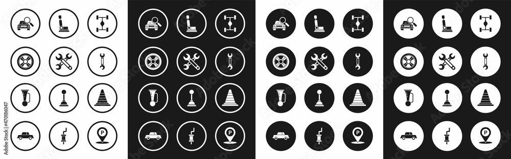 Set Chassis car, Wrench, Car wheel, search, seat, Traffic cone and Signal horn vehicle icon. Vector Set Chassis car, Wrench, Car wheel, search, seat, Traffic cone and Signal horn vehicle icon. Vector
