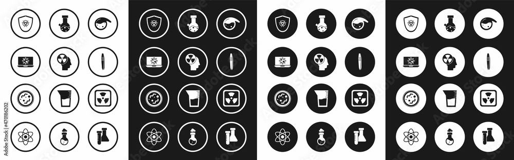 Set Test tube and flask chemical, Human head radiation, Bacteria laptop, Biohazard symbol shield, Tweezers, Radioactive and icon. Vector