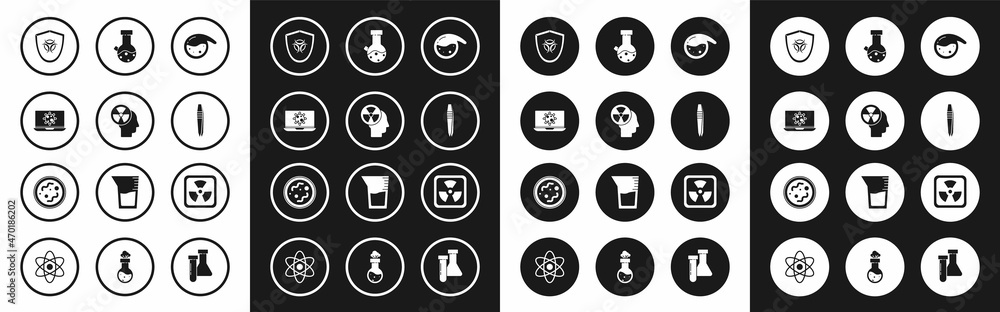 Set Test tube and flask chemical, Human head radiation, Bacteria laptop, Biohazard symbol shield, Tweezers, Radioactive and icon. Vector Set Test tube and flask chemical, Human head radiation, Bacteria laptop, Biohazard symbol shield, Tweezers, Radioactive and icon. Vector