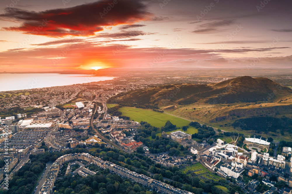 Aerial view of Holyrood Park is the largest of Edinburgh's royal parks. Edinburgh's Holyrood Park popular tourist destinations in the city. People enjoy the beautiful lakes, ponds, natural woodlands