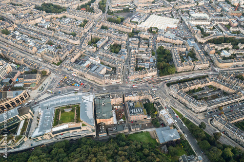 Top aerial view of Edinburgh city overlooking the Old Town. Edinburgh Castle has been Edinburgh's dominant landmark. Edinburgh Castle is one of the most important and historic castles in Scotland. © Damian