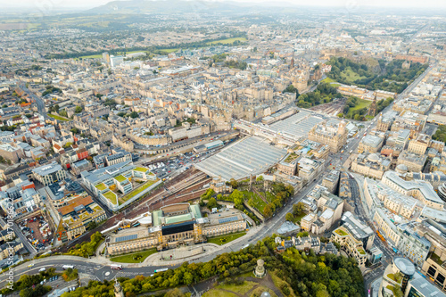 Aerial top Edinburgh view of Waverley  one of Edinburgh s architectural icons located in heart of the city. Waverley station is a beautifully crafted piece of architecture in the centre of Edinburgh