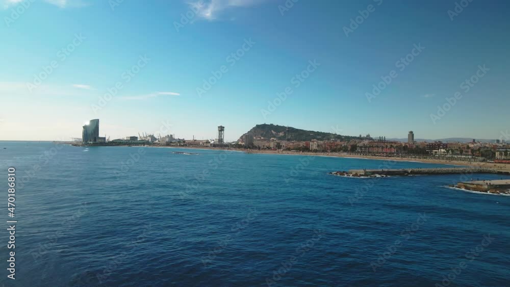 Fantastic aerial 4k view of beach of Barcelona, World trade center and Tibidabo Fantastic aerial 4k view of beach of Barcelona, World trade center and Tibidabo