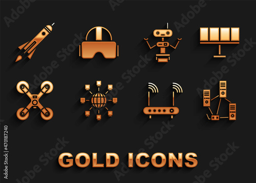 Set Social network, Solar energy panel, Computer, Router and wi-fi signal, Drone flying, Robot, Rocket ship with fire and Virtual reality glasses icon. Vector