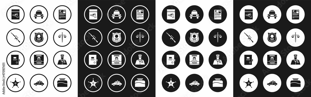Set Lawsuit paper, Police badge, Sniper rifle with scope, Evidence bag and pistol or gun, Scales of justice, car flasher, officer and icon. Vector Set Lawsuit paper, Police badge, Sniper rifle with scope, Evidence bag and pistol or gun, Scales of justice, car flasher, officer and icon. Vector